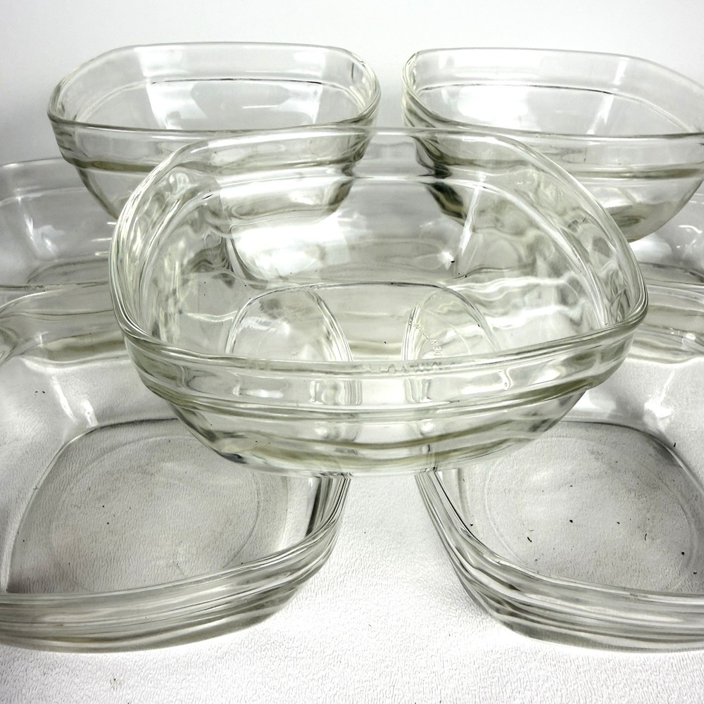 8 Vtg Duralex France Clear Glass Square Nesting Bowls Lys Art Deco Prep Cups Set